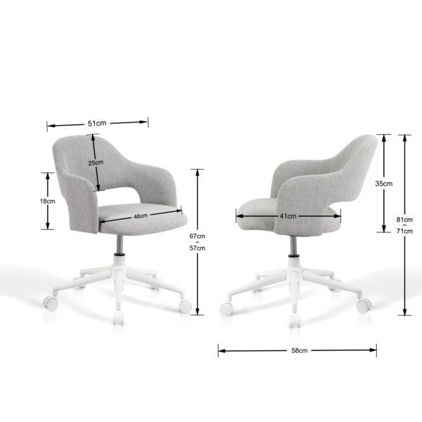 Silla de oficina con ruedas, disponible en gris, beige y rosa. Diseño moderno y muy cómoda para largas horas de estudio o trabajo.