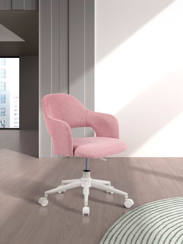 Silla de oficina con ruedas, disponible en gris, beige y rosa. Diseño moderno y muy cómoda para largas horas de estudio o trabajo.