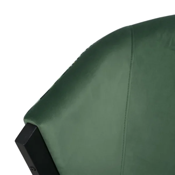 Sumérgete en el lujo con nuestra butaca de diseño: terciopelo verde, respaldo hojas y patas robustas de hierro.