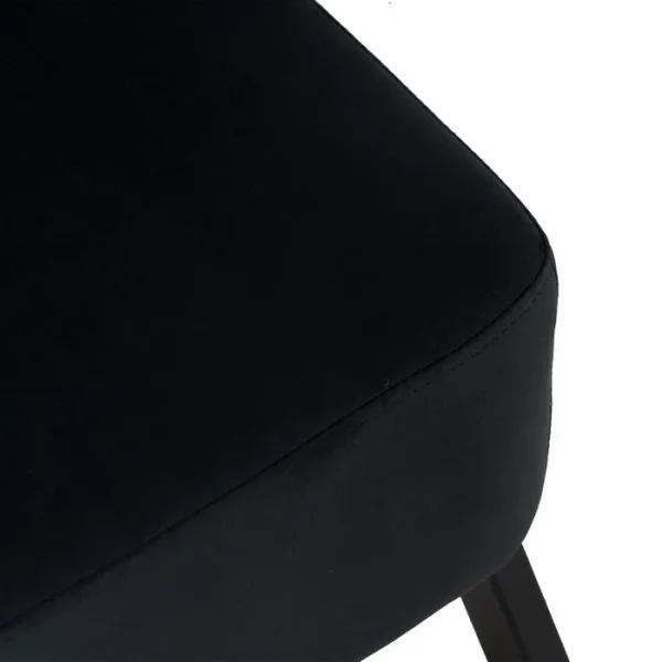 Sumérgete en el lujo con nuestra butaca de diseño: terciopelo negro, respaldo estampado y patas robustas de hierro.