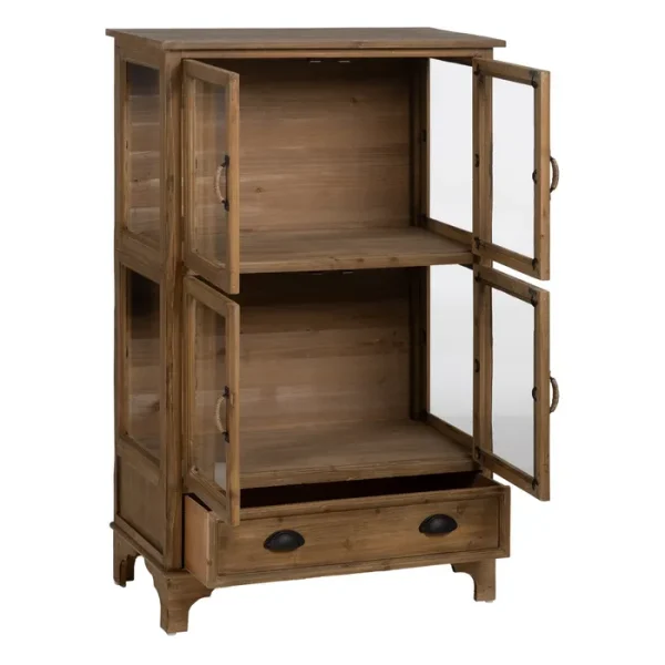 Descubre la funcionalidad y encanto de nuestra vitrina: madera de abeto, 4 puertas y 1 cajón para un almacenamiento elegante.