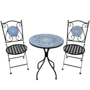 Conjunto de mesa y 2 sillas plegables con detalles de piedras. Diseño exclusivo y en oferta. Ideal para terrazas y jardines.