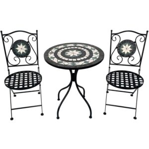 Conjunto de mesa y 2 sillas plegables con detalles de piedras. Diseño exclusivo y en oferta. Ideal para terrazas y jardines.