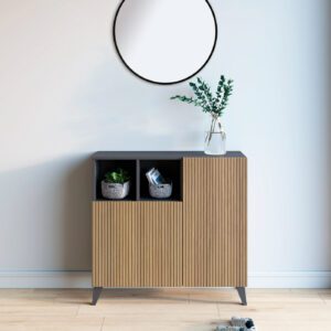 Mueble multifunción ideal para entrada o pasillo, su armazón en color grafito y sus puertas en varillado aportan un toque moderno y actual a tu estancia
