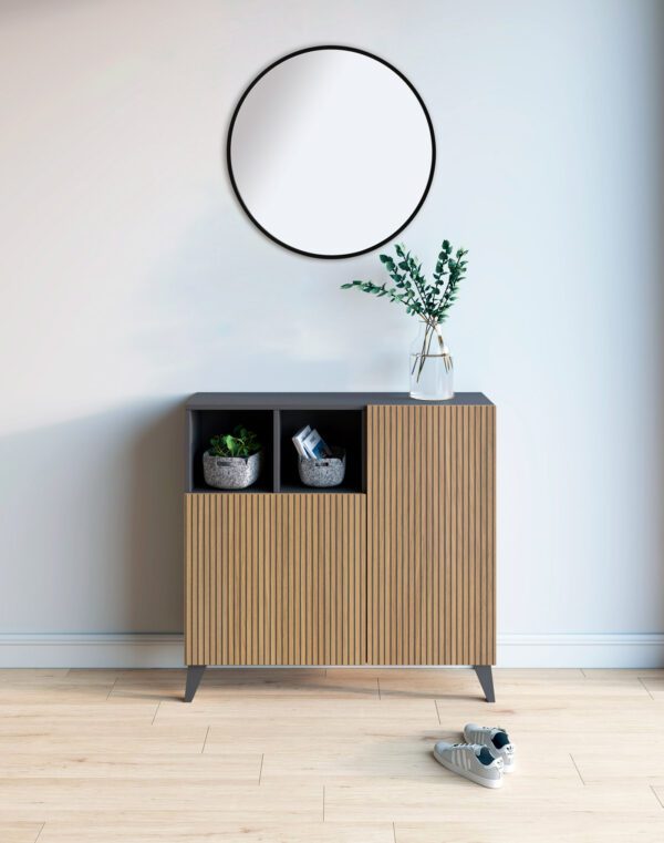 Mueble multifunción ideal para entrada o pasillo, su armazón en color grafito y sus puertas en varillado aportan un toque moderno y actual a tu estancia