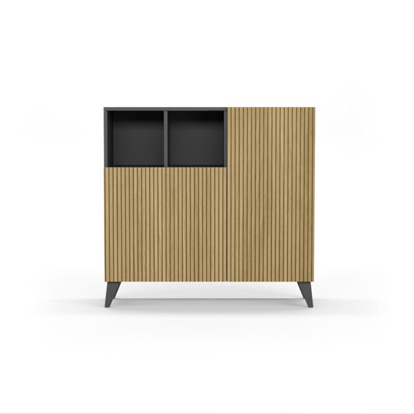 Mueble multifunción ideal para entrada o pasillo, su armazón en color grafito y sus puertas en varillado aportan un toque moderno y actual a tu estancia