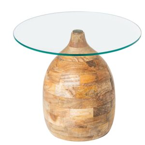 Mesa de centro con patas de cristal transparente y base de madera natural, perfecta para un toque contemporáneo y sofisticado en el hogar.