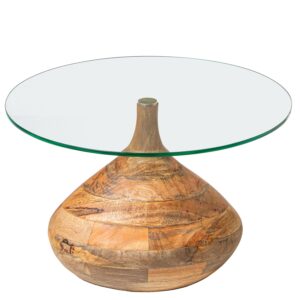 Mesa de centro con patas de cristal transparente y base de madera natural, perfecta para un toque contemporáneo y sofisticado en el hogar.