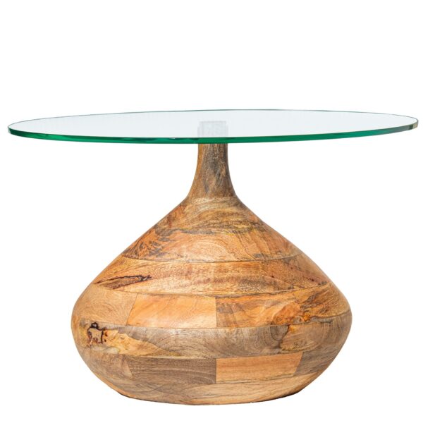 Mesa de centro con patas de cristal transparente y base de madera natural, perfecta para un toque contemporáneo y sofisticado en el hogar.