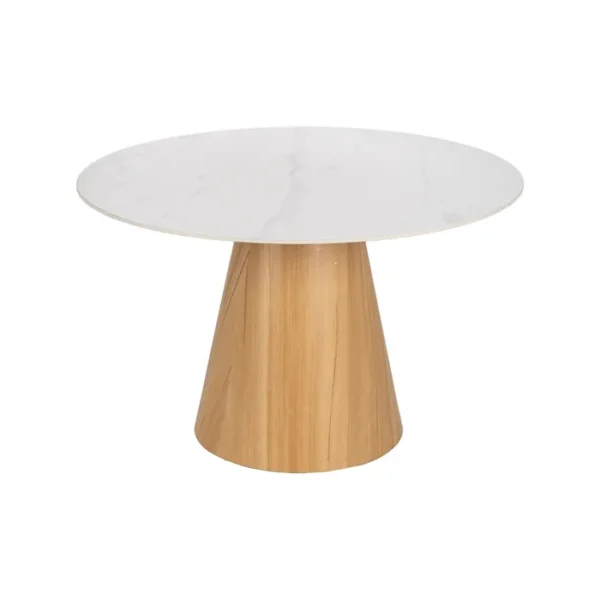 Mesa redonda con superficie de efecto mármol y elegante base de madera, una opción moderna y sofisticada, disponible en Artisa