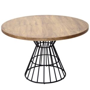 Mesa de comedor redonda de Artisa con base de diseño metálico negro y tapa en madera natural, ideal para crear un ambiente moderno y acogedor en tu hogar