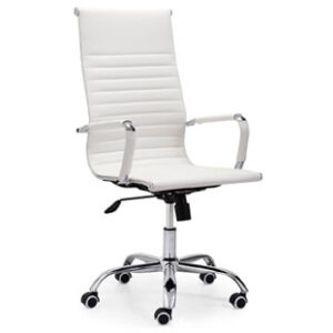 Silla de oficina con diseño frontal, simil piel blanco y base metálica cromada.