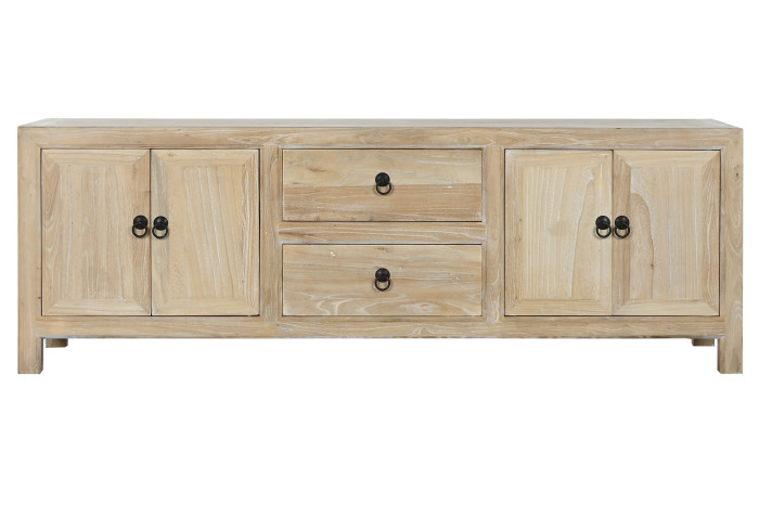 Mueble para TV de madera reciclada con dos puertas y cajones centrales.